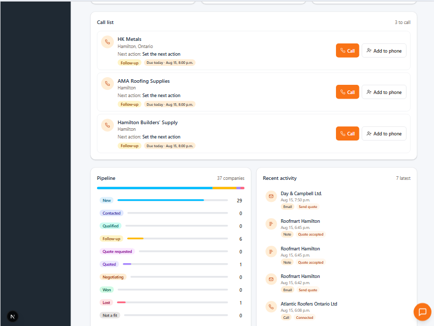 RoofLead call list on iPad